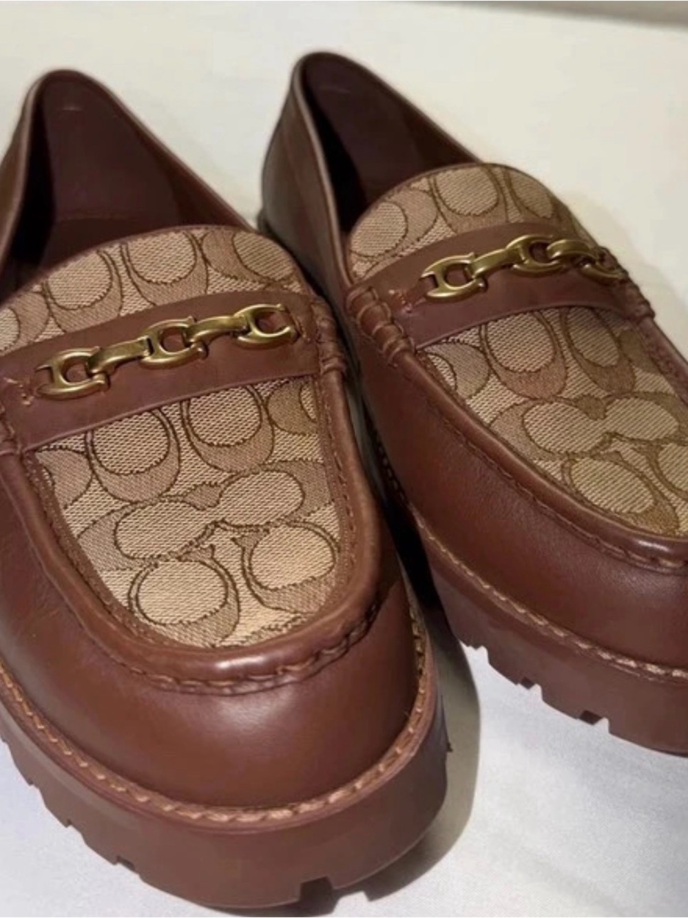 Coach Brown Signature Canvas and Leather Loafers with Gold Hardware